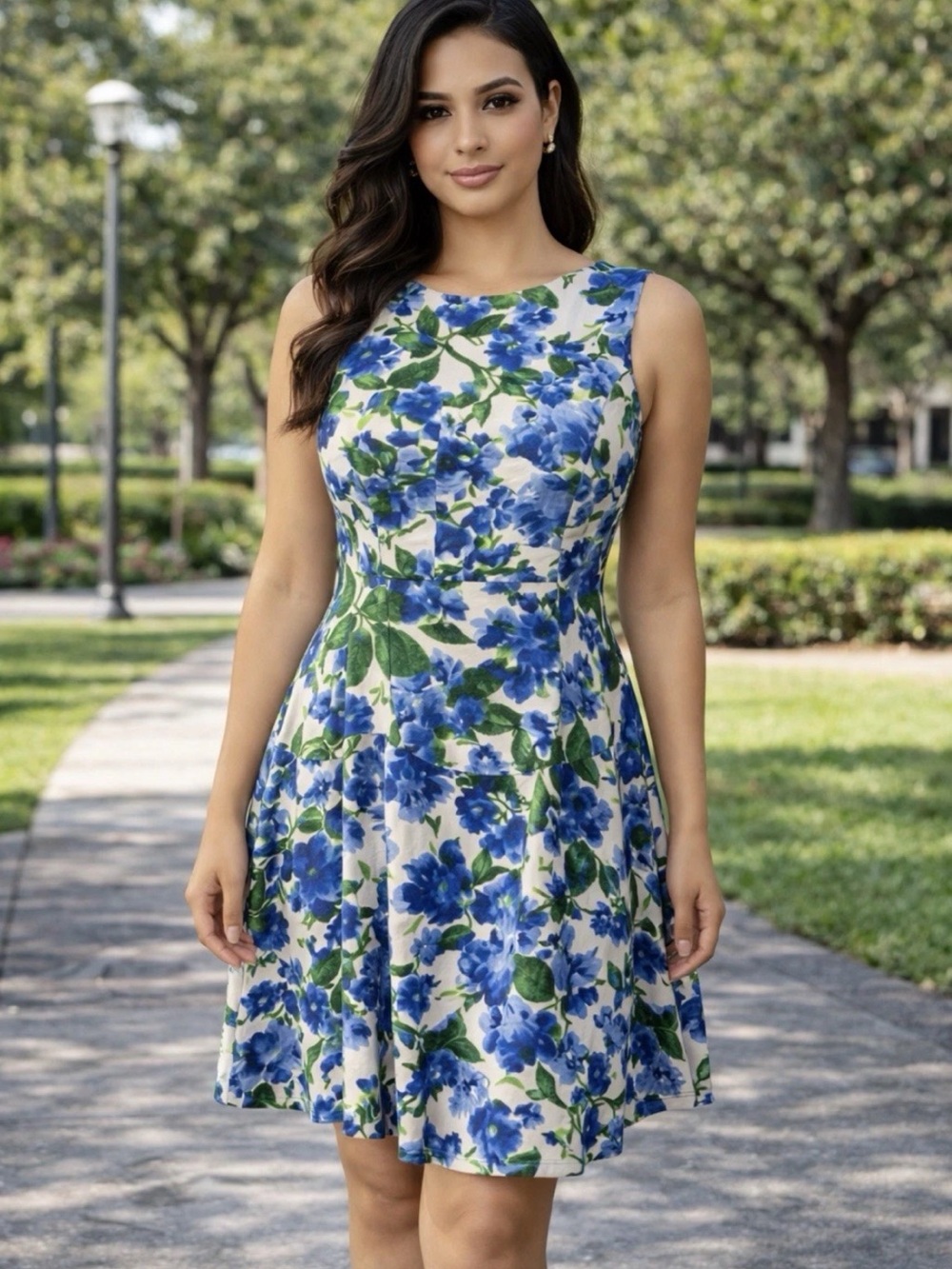 Milly Blue Watercolor Floral Pit & Flare Sleeveless Dress Womens Size 4